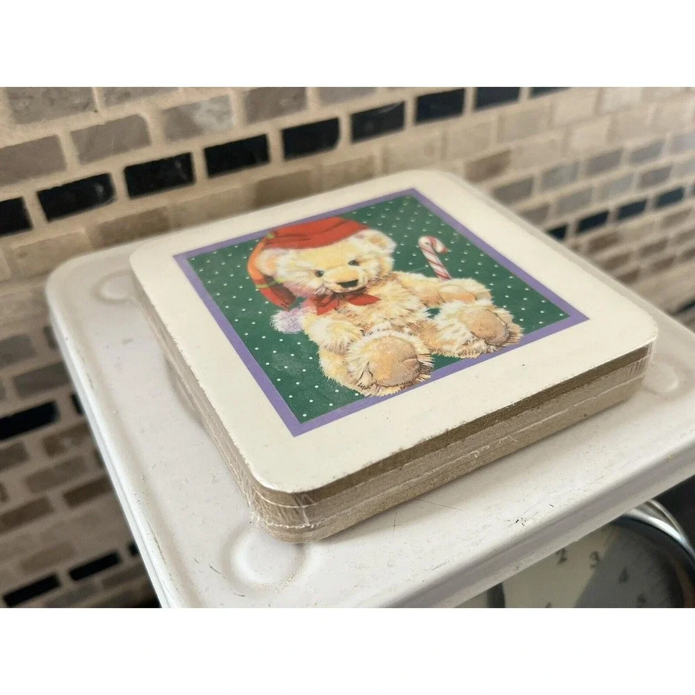 Vintage Teddy Bear Cork Coaster Set Christmas Santa‎ Hat set of 4 BNIB